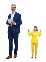 Happy big man and small woman on white background