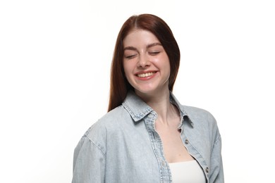 Photo of Portrait of smiling woman on white background