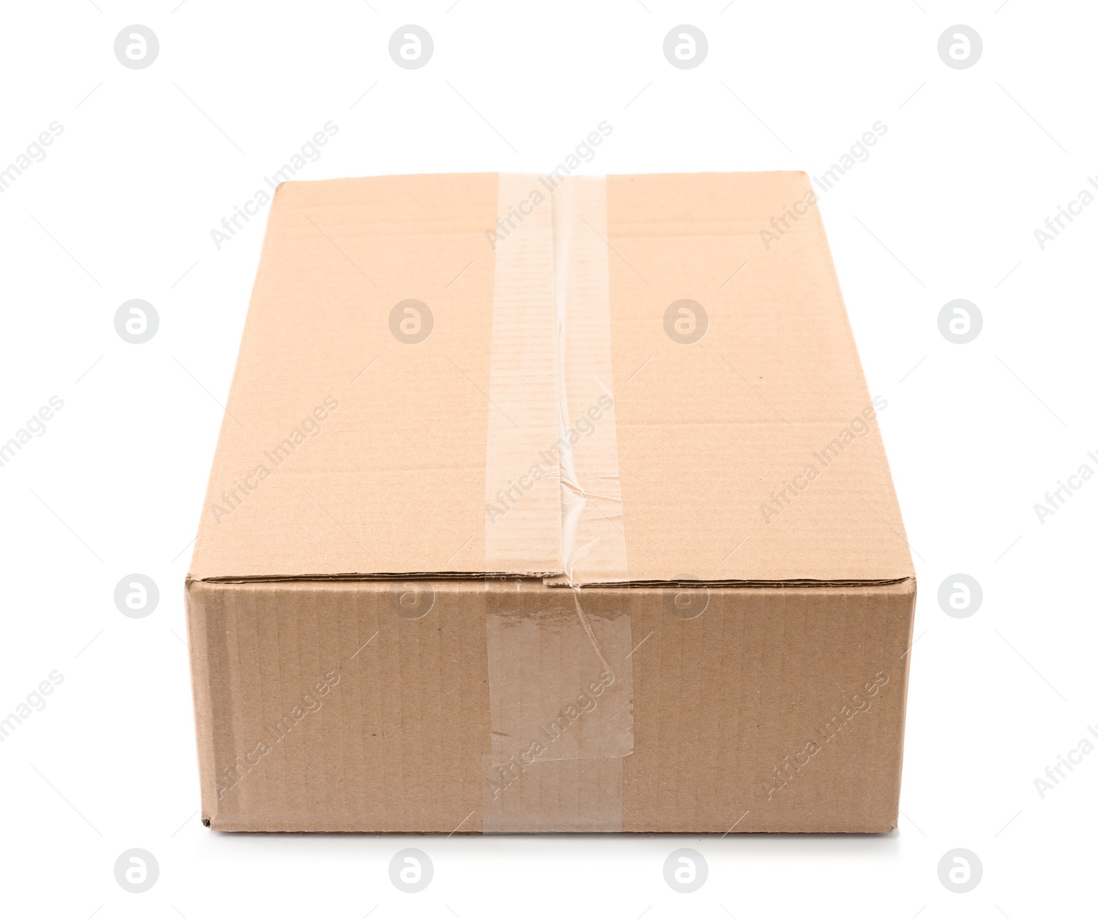 Photo of Closed cardboard box on white background. Mockup for design