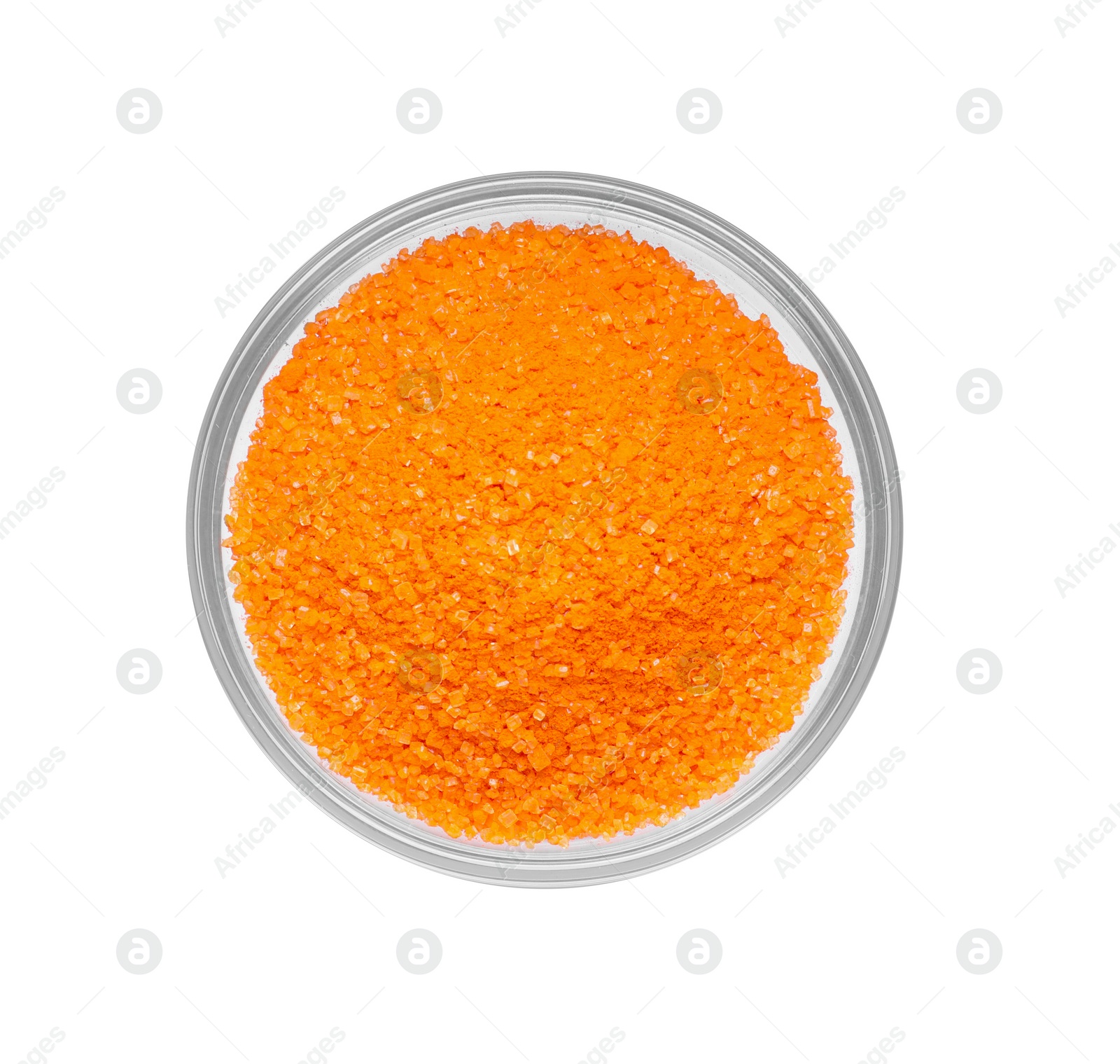 Photo of Glass bowl with orange food coloring isolated on white, top view