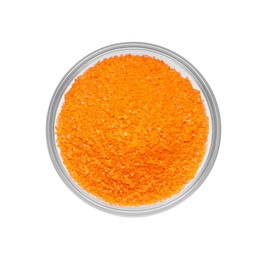 Glass bowl with orange food coloring isolated on white, top view