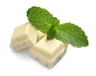 Pieces of white chocolate with mint on white background