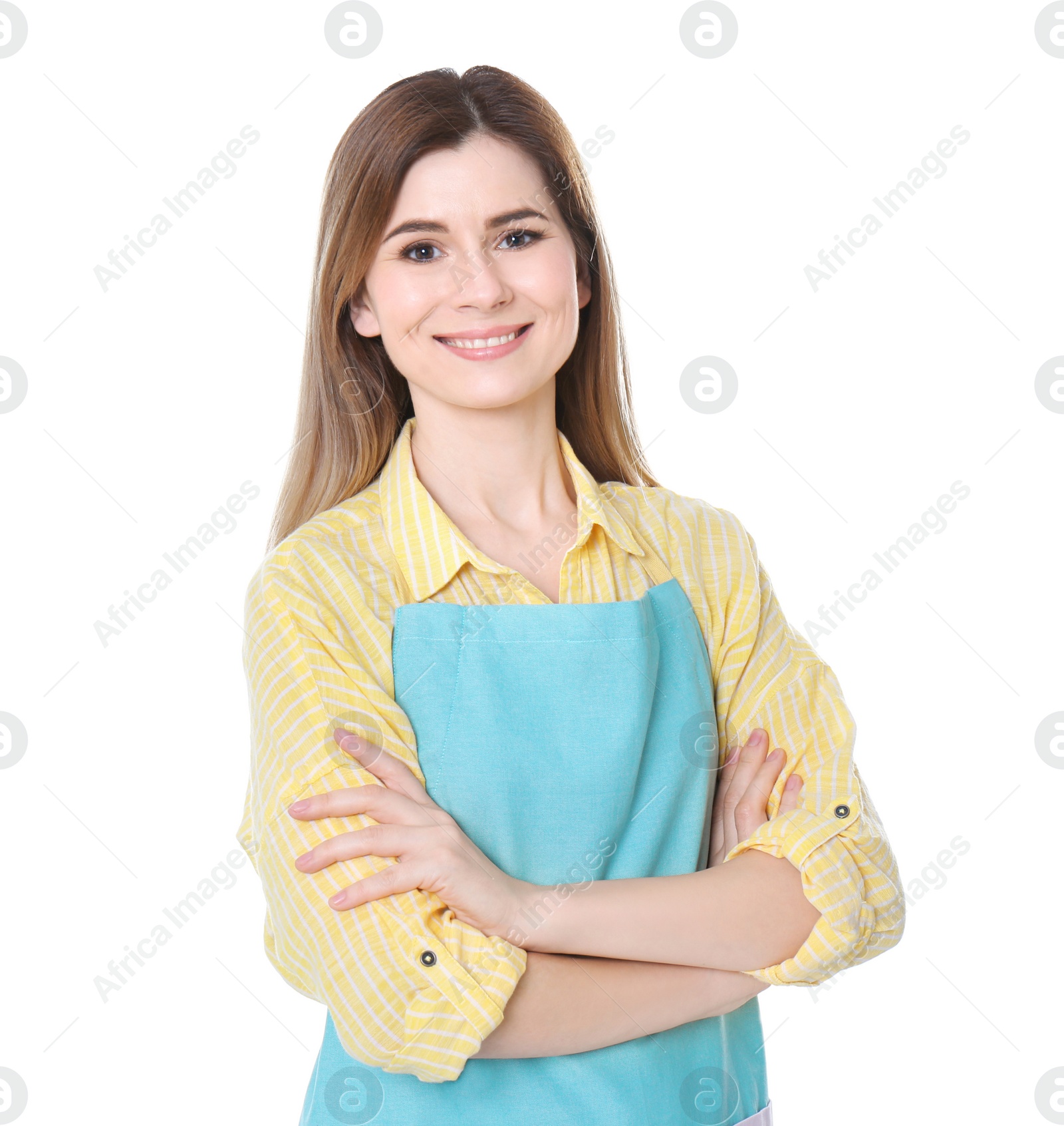 Photo of Portrait of attractive female florist on white background