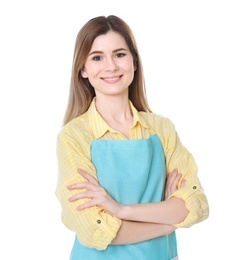 Photo of Portrait of attractive female florist on white background