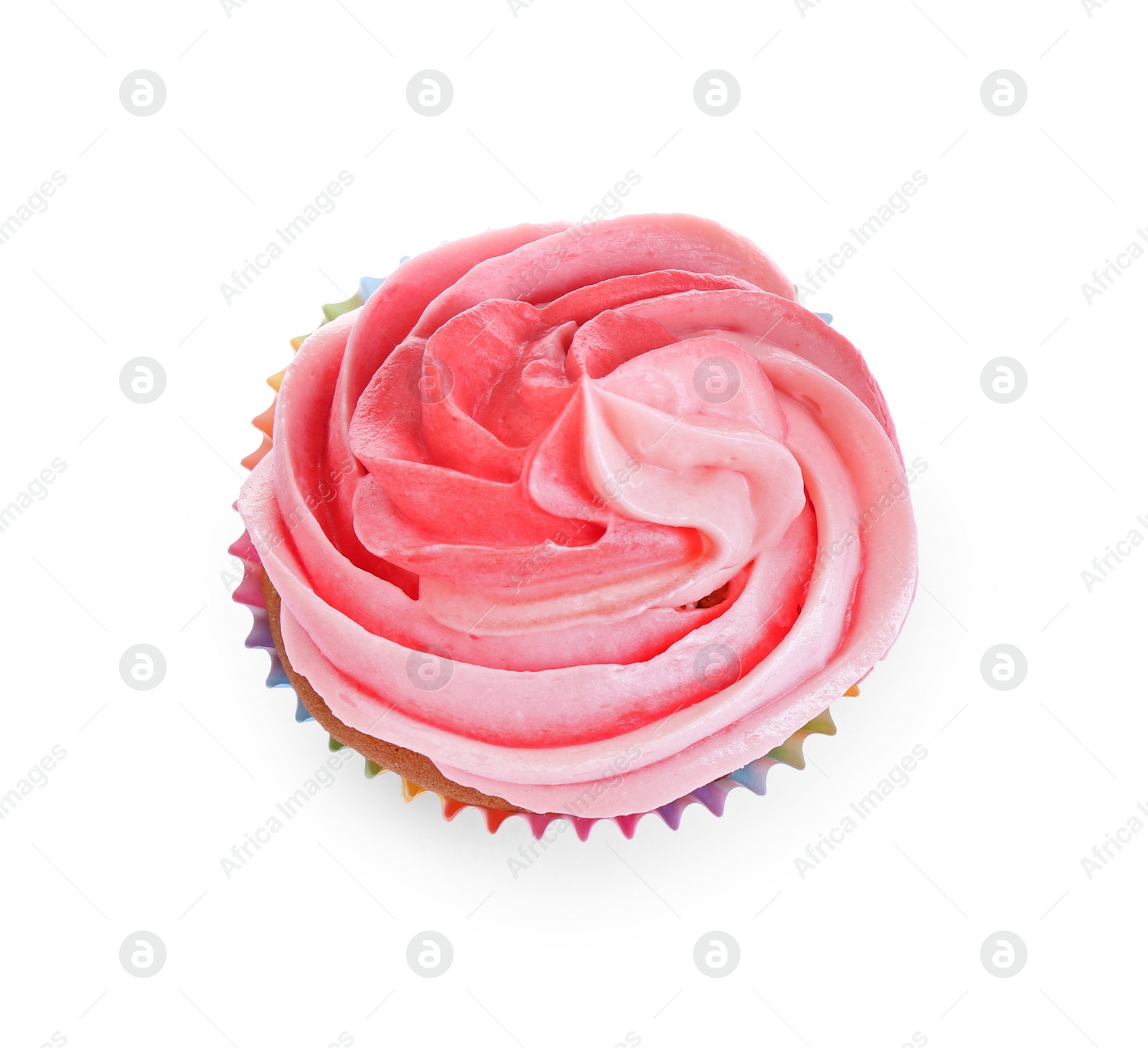 Photo of Delicious cupcake with pink cream isolated on white, top view