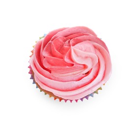 Photo of Delicious cupcake with pink cream isolated on white, top view