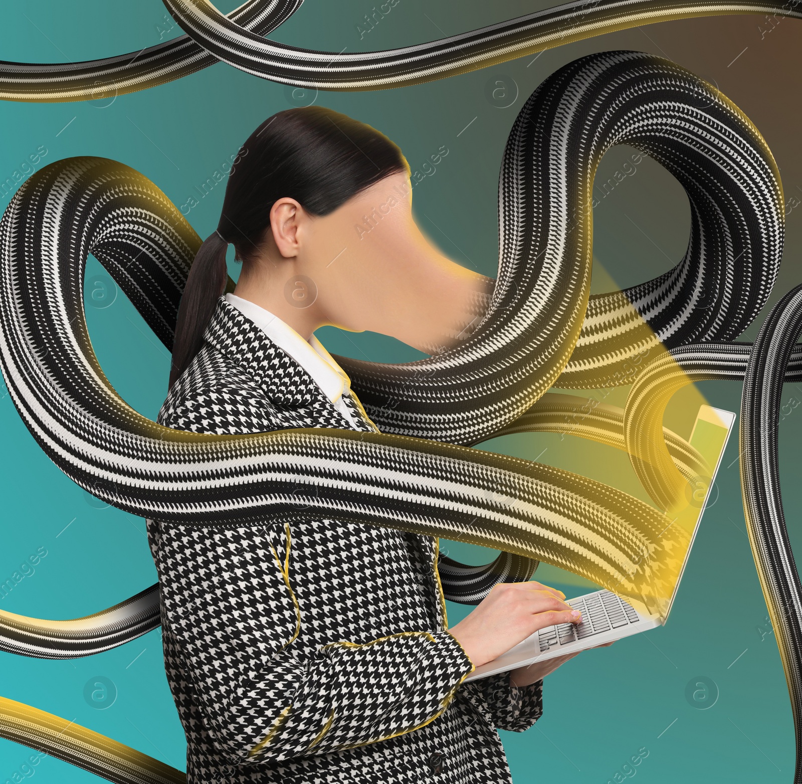 Image of Creative artwork. Internet addiction. Woman dissolving in light from laptop`s display on color background