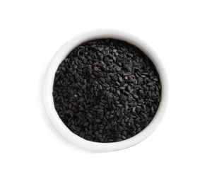 Black sesame seeds in bowl on white background, top view. Delicious sauce condiment