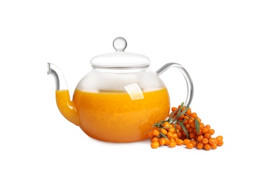 Photo of Sea buckthorn tea and fresh berries isolated on white