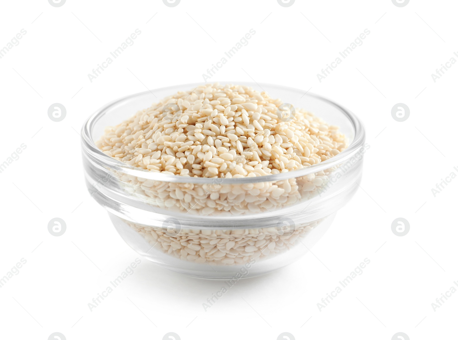 Photo of Sesame seeds in bowl on white background. Delicious sauce condiment