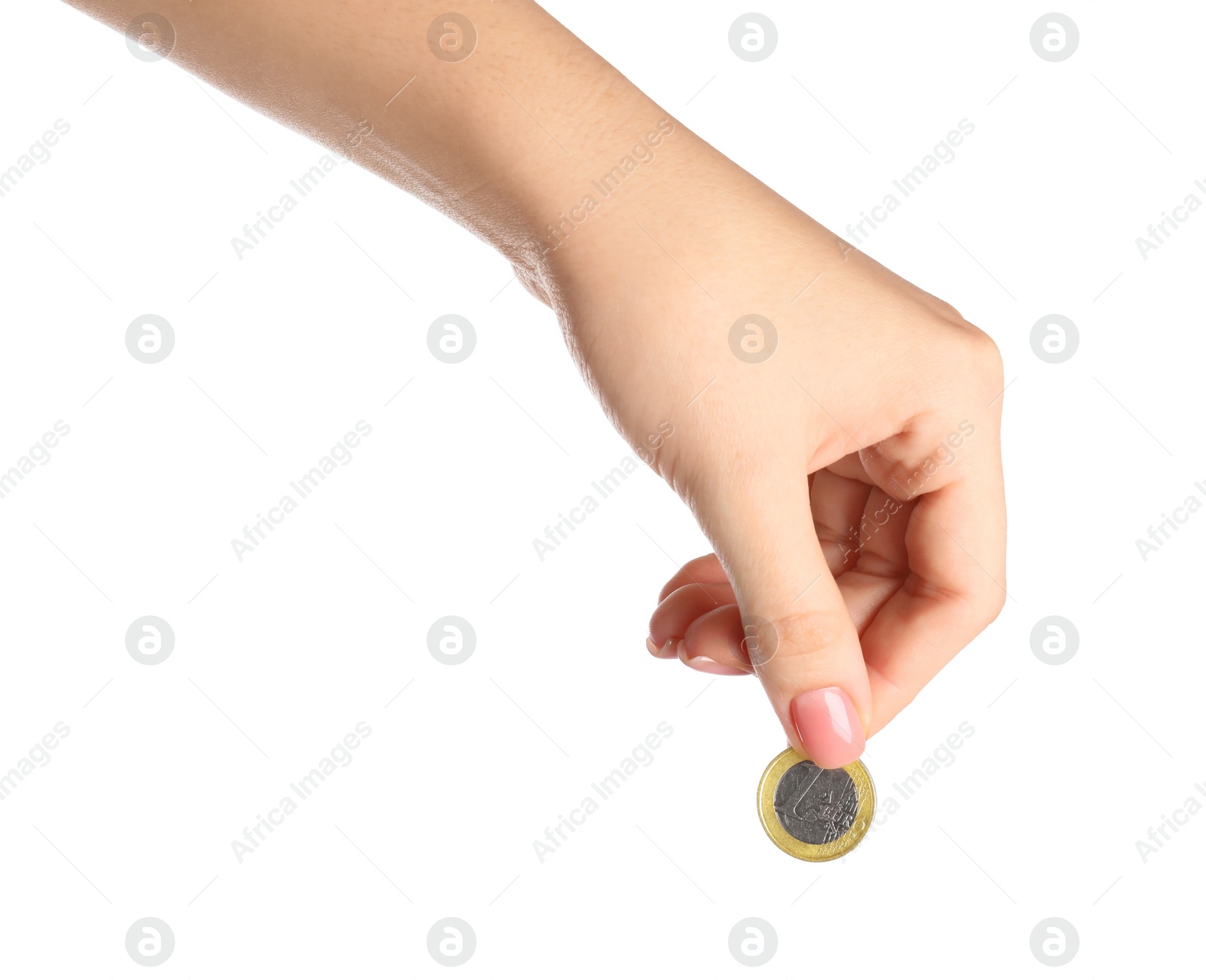 Photo of Woman holding one coin against white background, closeup