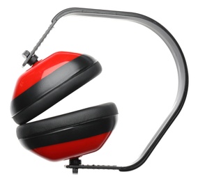 Photo of Protective headphones on white background. Professional construction accessory