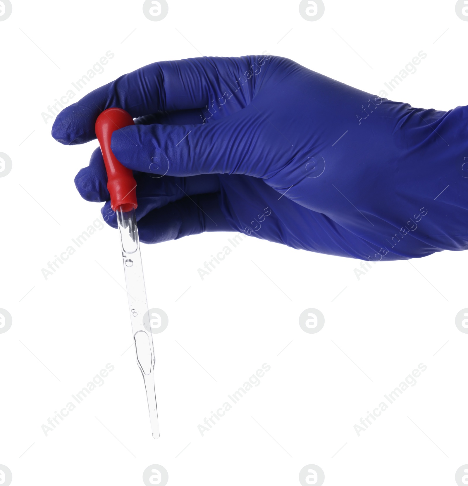 Photo of Scientist with pipette on white background, closeup