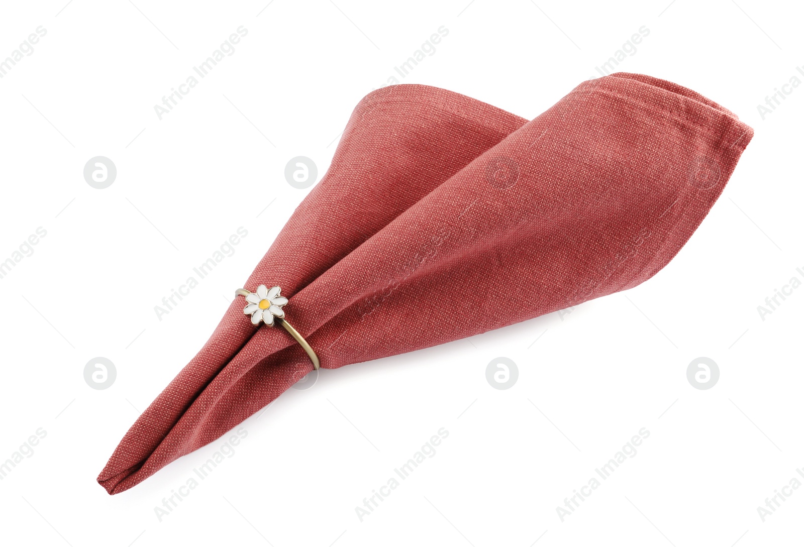 Photo of Napkin with decorative ring for table setting isolated on white