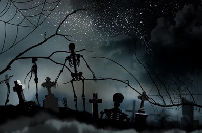 Image of Scary skeletons at misty cemetery in night