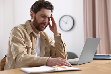 Tired man suffering from headache at workplace in office