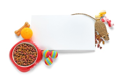 Composition with blank sheet of paper, cat's accessories and food on white background