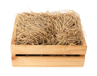 Dried hay in wooden crate on white background