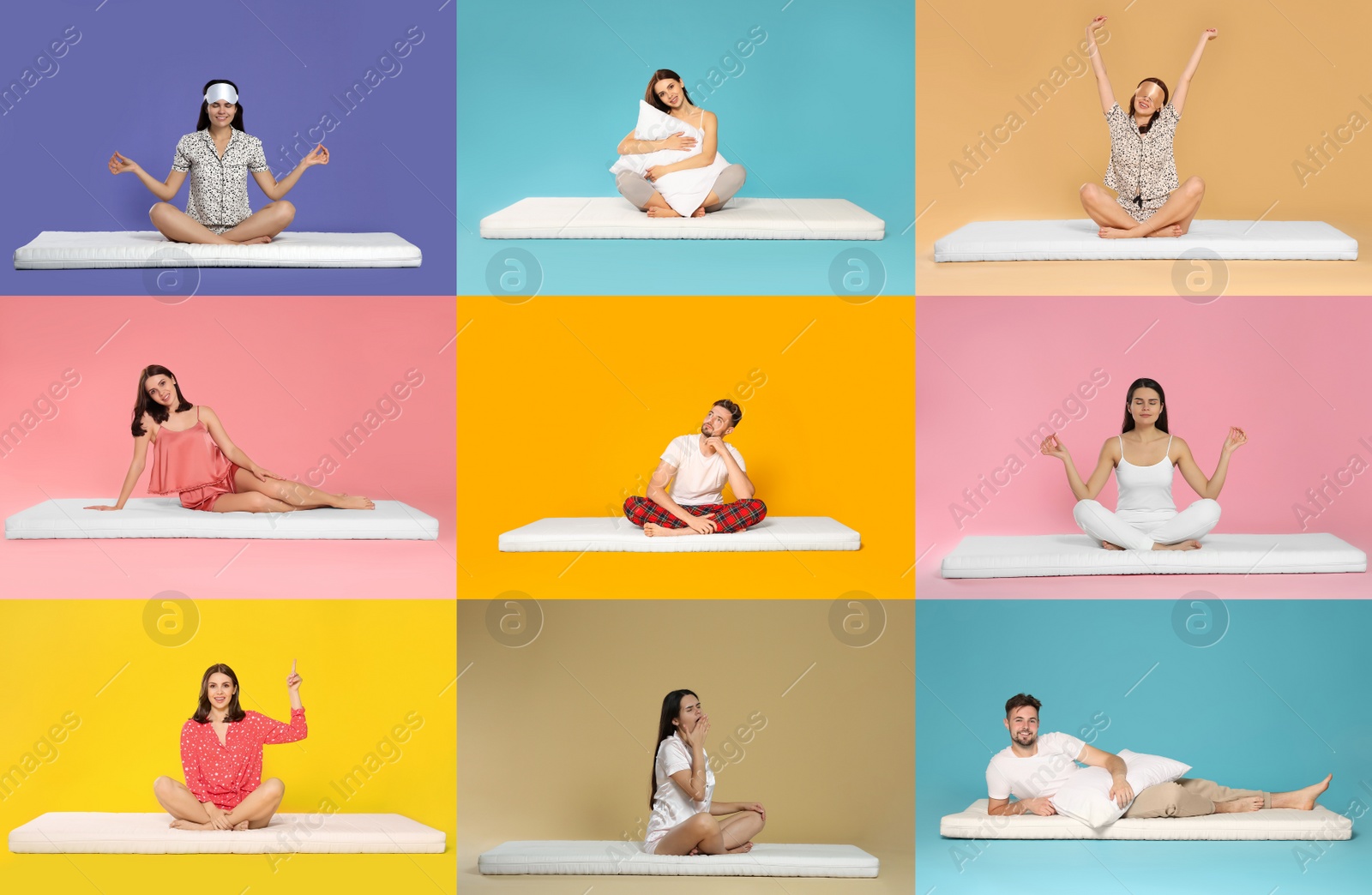 Image of Collage with photos of people on soft comfortable mattresses on different color backgrounds