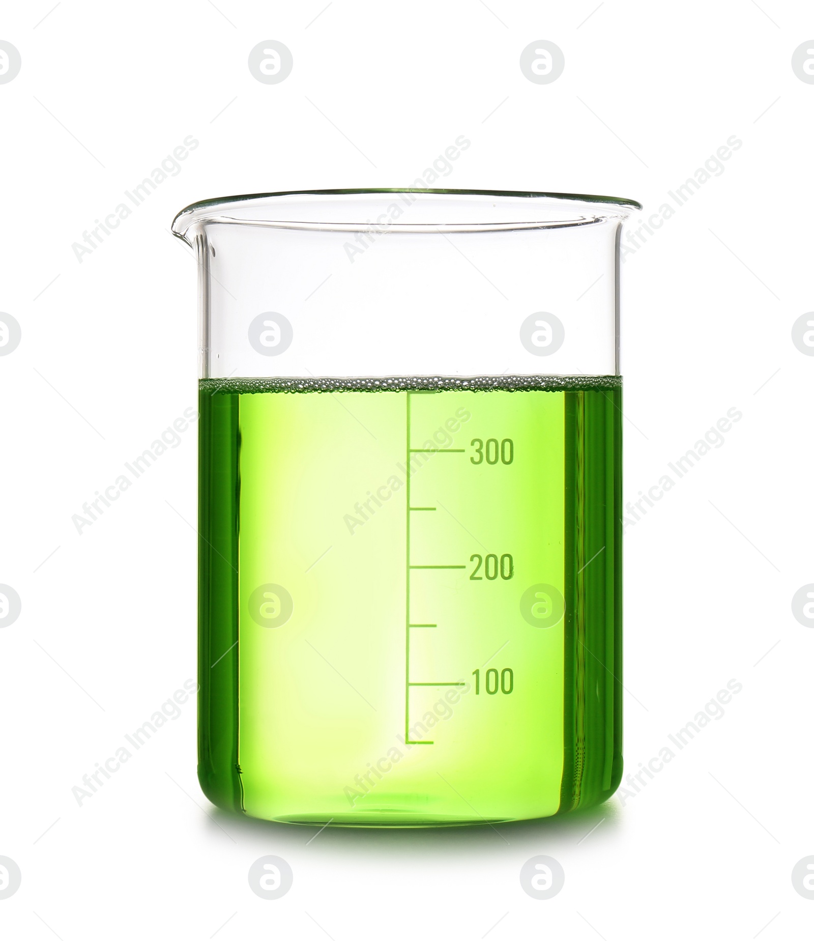 Photo of Beaker with color sample isolated on white. Chemistry laboratory glassware