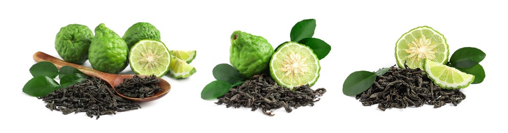 Image of Set with dry tea leaves and bergamot fruits on white background. Banner design