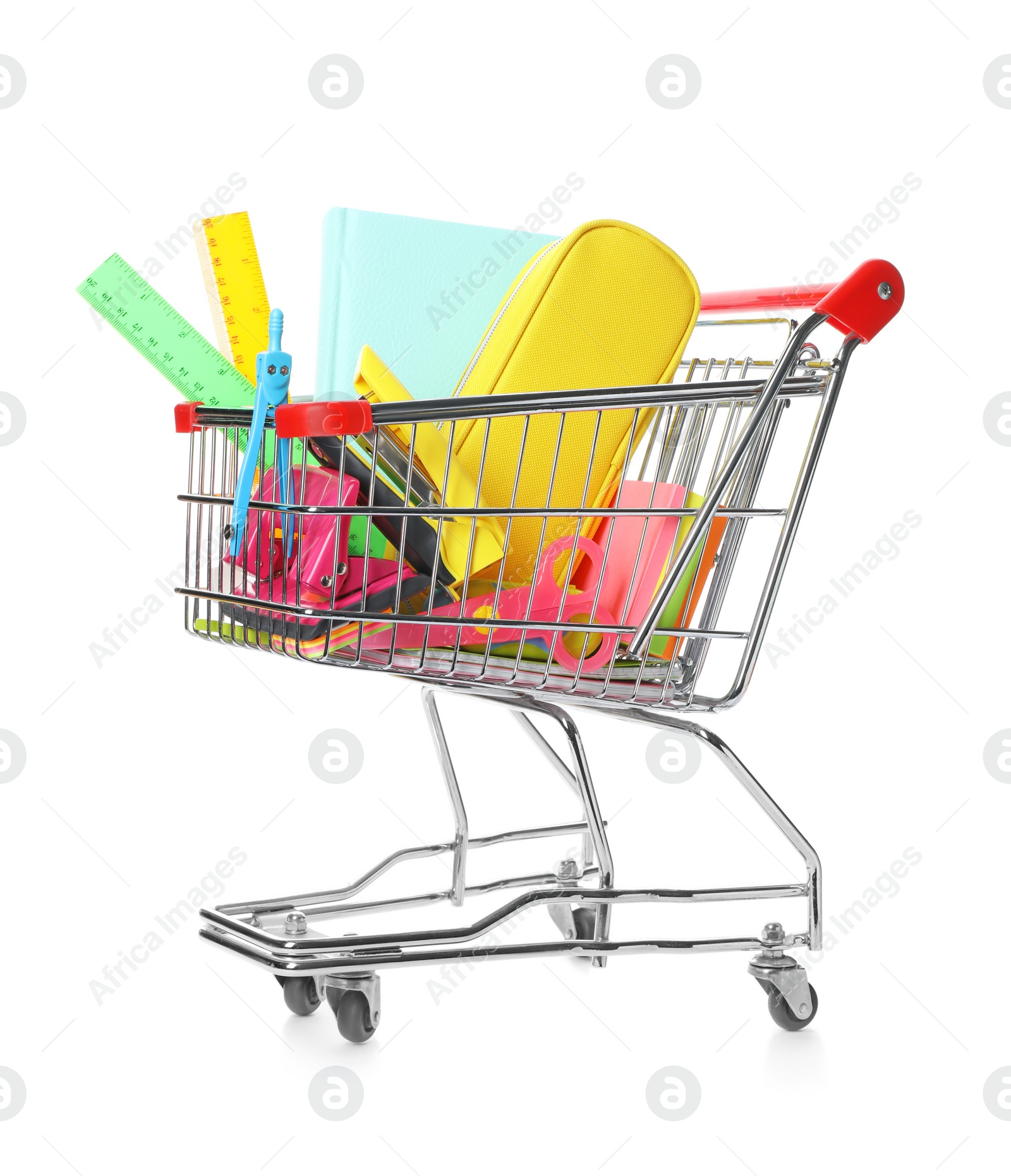 Photo of Small shopping cart with different stationery on white background. Back to school