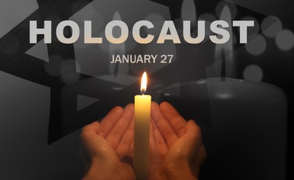 Image of Holocaust memory day, banner design. Woman with burning candle and flag of Israel, double exposure