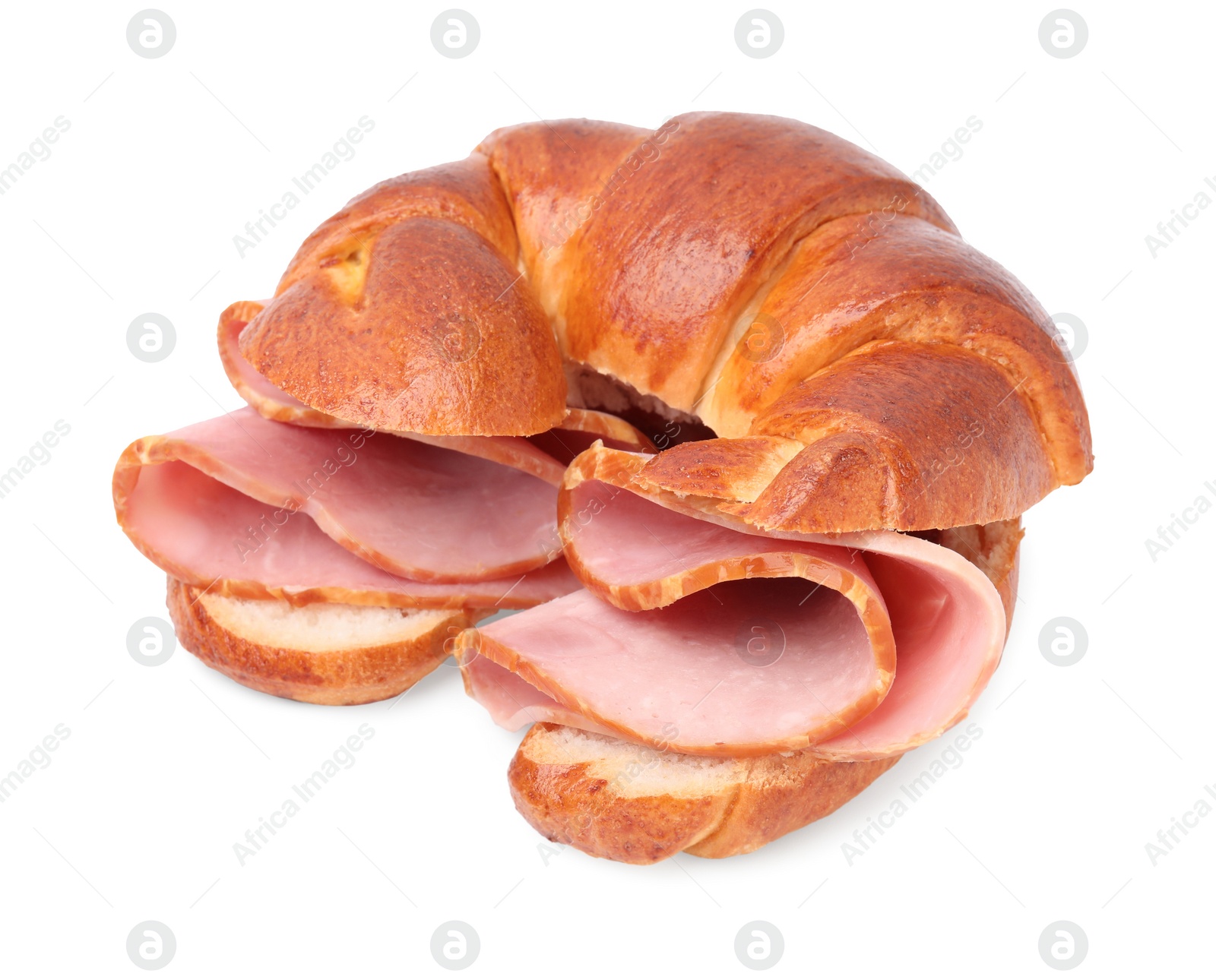 Photo of Tasty crescent roll with ham isolated on white