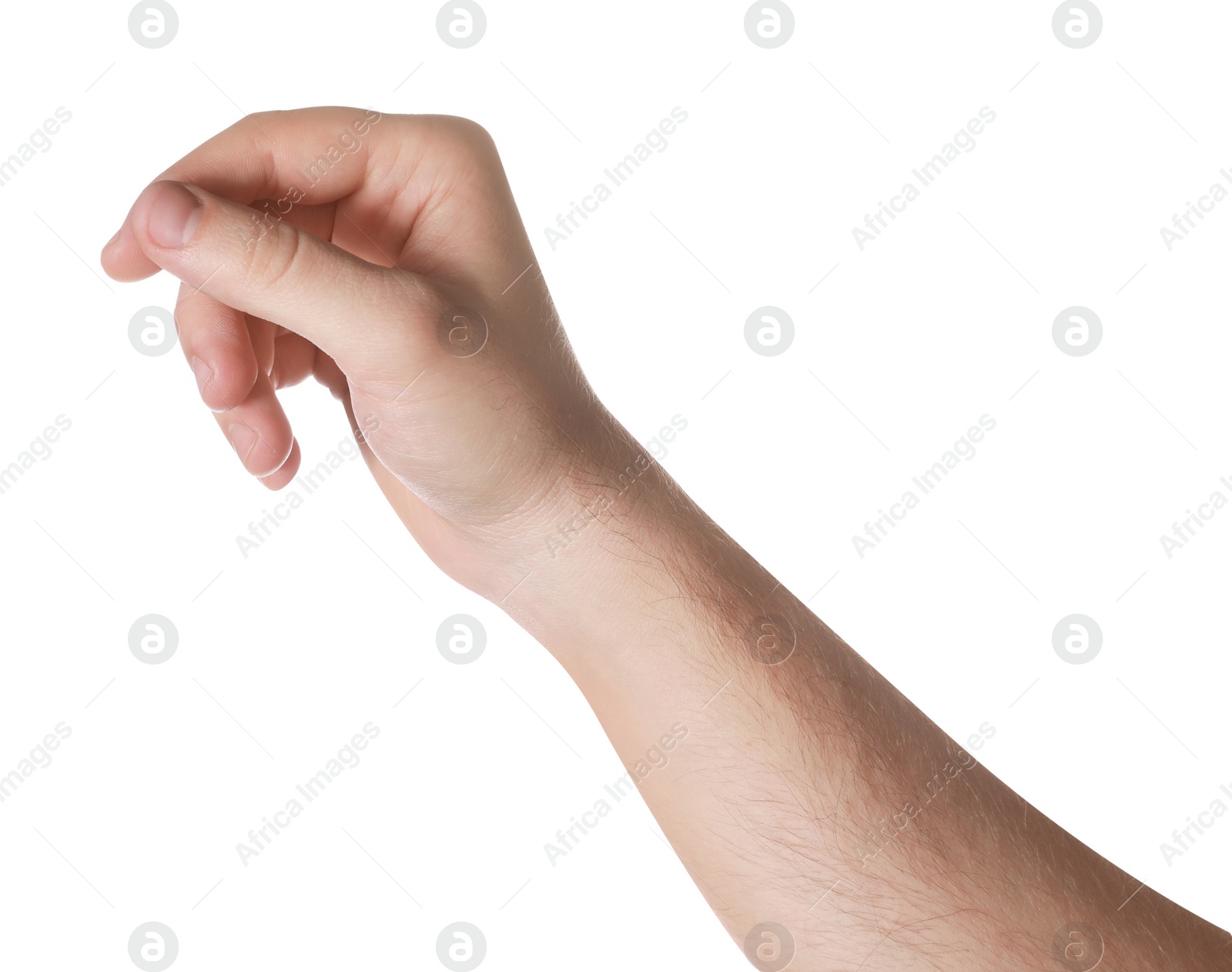 Photo of Man holding something on white background, closeup