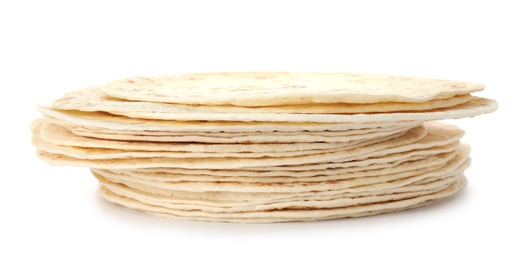 Stack of corn tortillas on white background. Unleavened bread