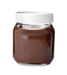 Photo of Glass jar with tasty chocolate cream isolated on white