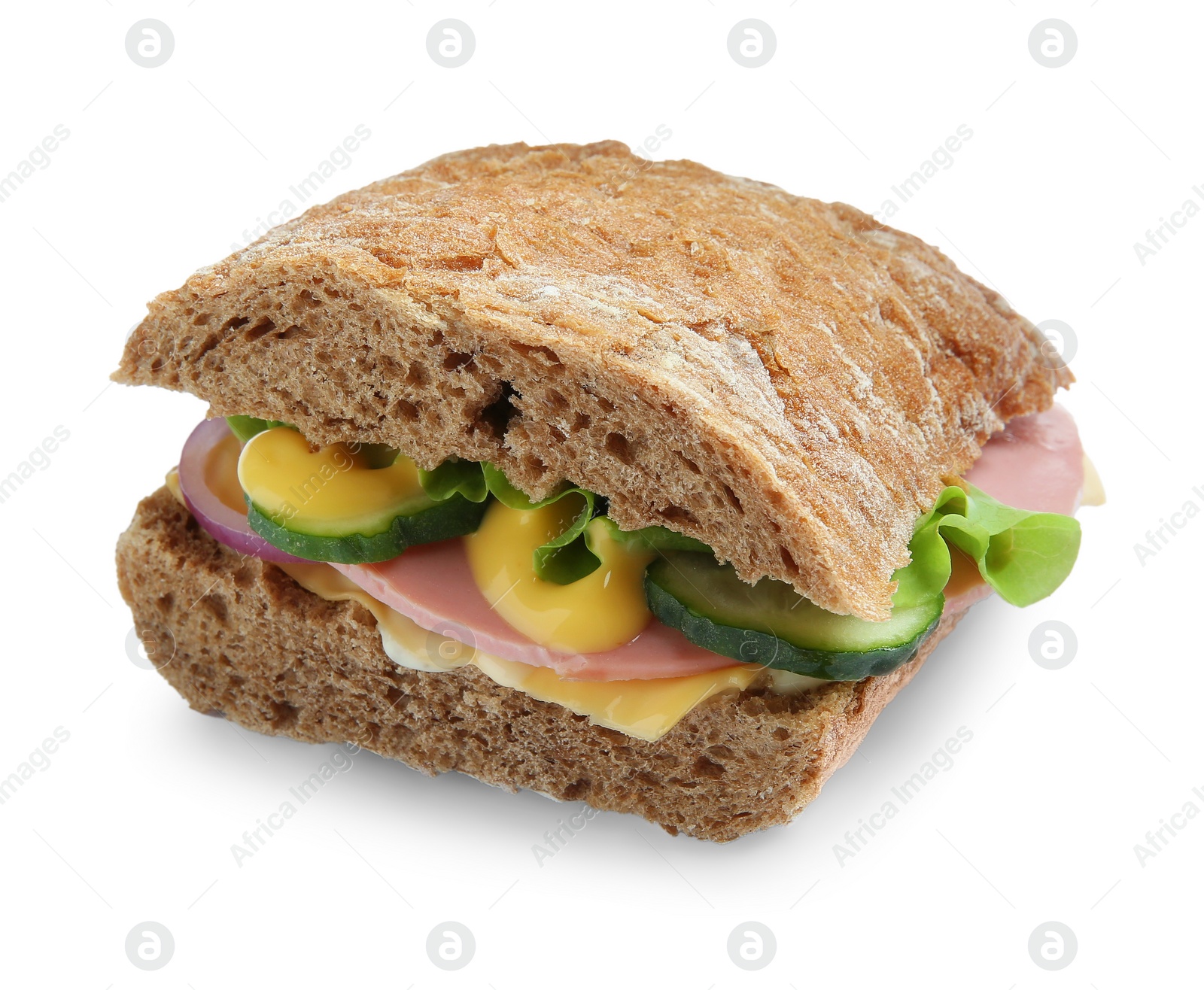 Photo of Tasty sandwich with boiled sausage, cheese and vegetables isolated on white