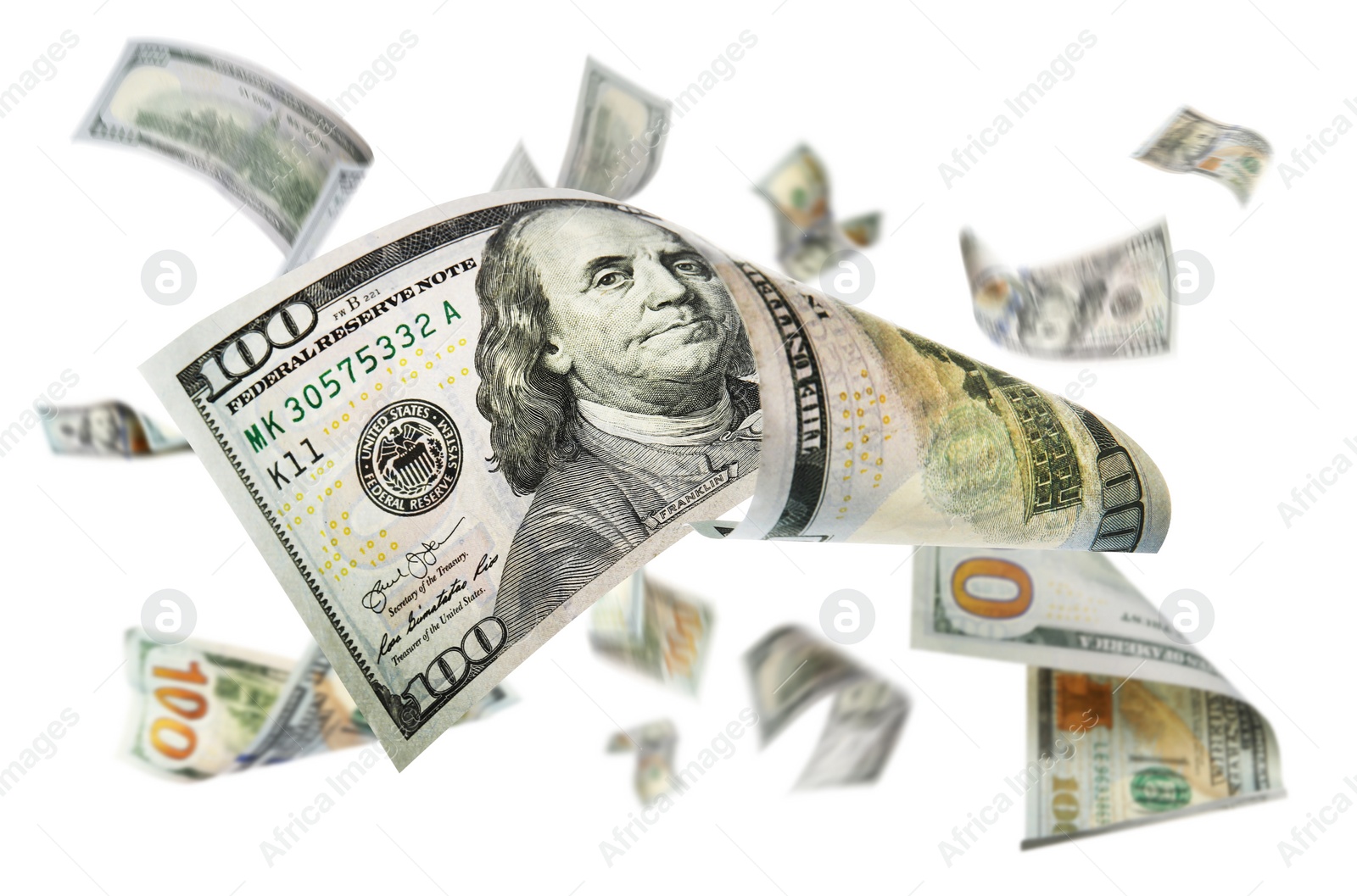 Image of Dollar banknotes flying on white background, collage 