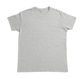 Photo of Gray t-shirt isolated on white, top view. Mockup for design