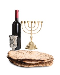 Photo of Tasty matzos, wine and menorah on white background. Passover (Pesach) celebration