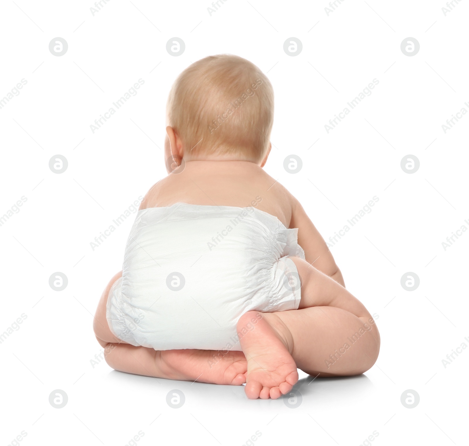 Photo of Cute little baby crawling on white background