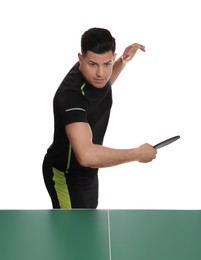 Handsome man playing ping pong on white background