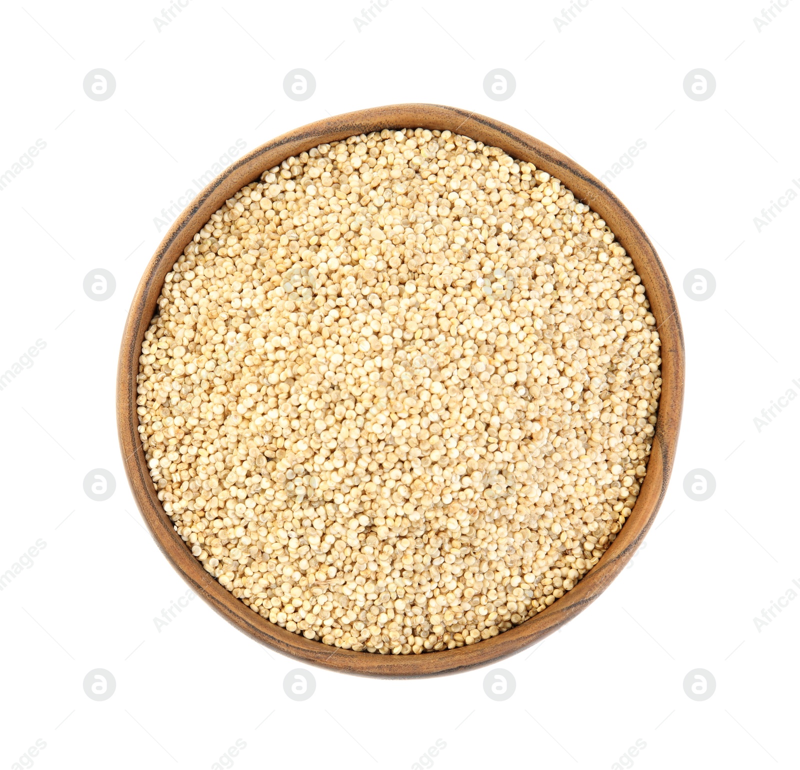 Photo of Wooden bowl with raw quinoa isolated on white, top view