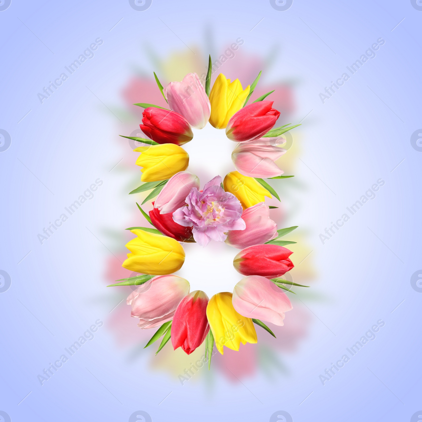 Image of International Women's Day - March 8. Card design with number 8 of bright flowers on blue violet background