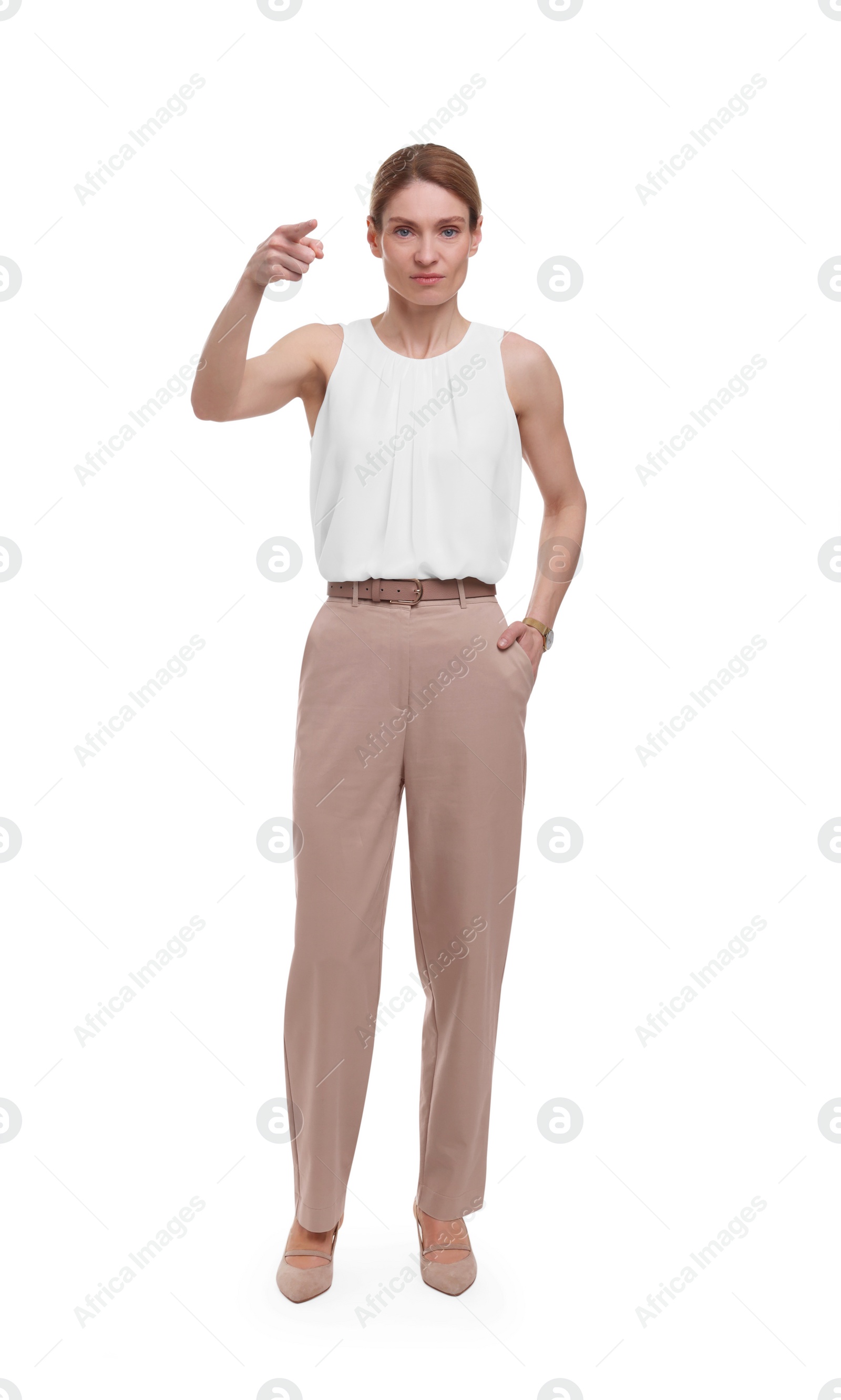 Photo of Beautiful business woman pointing on white background