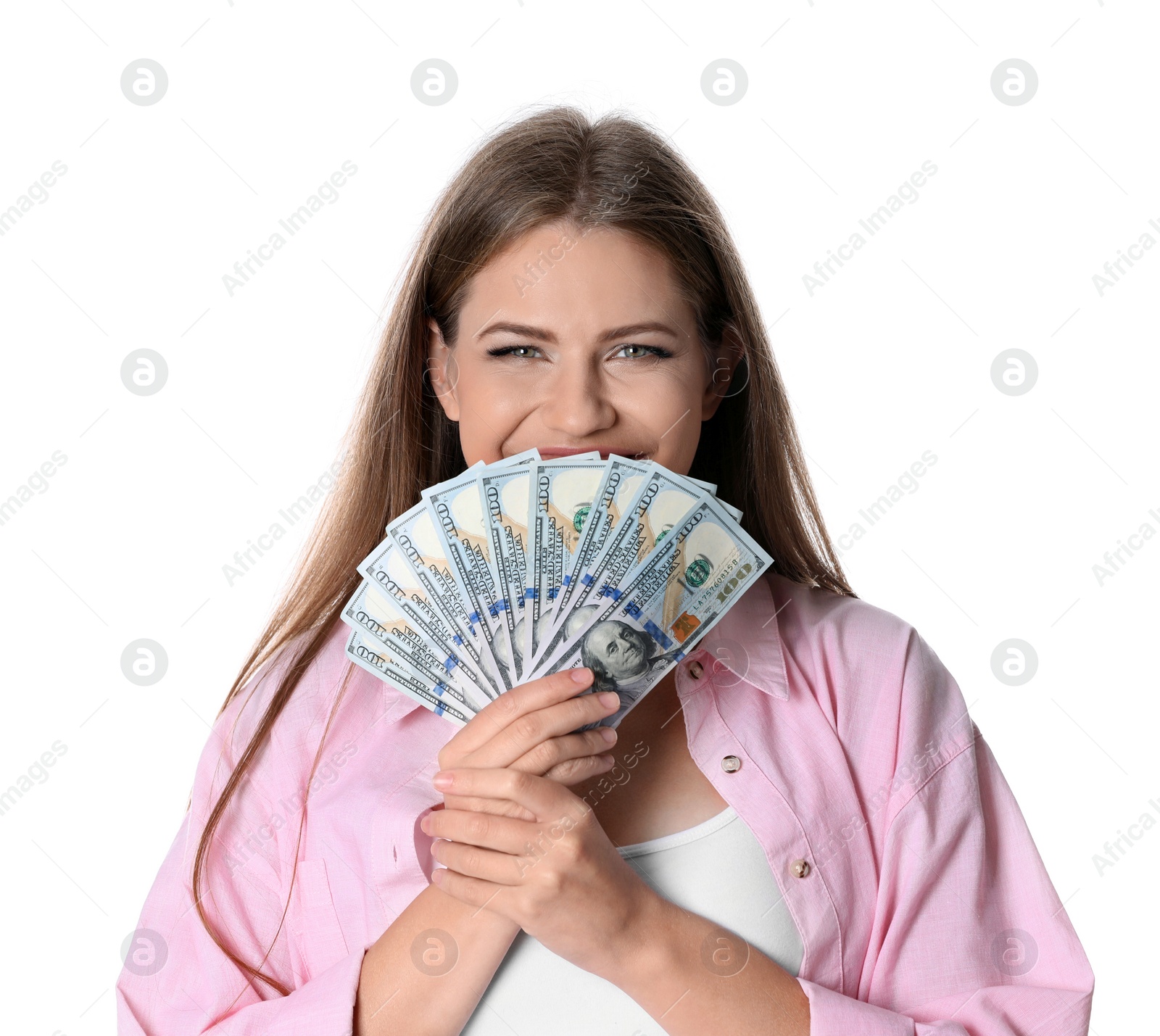 Photo of Young woman with money on white background