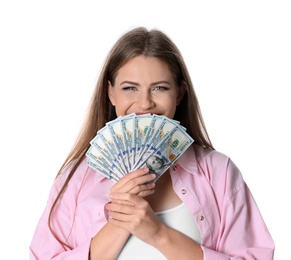 Young woman with money on white background