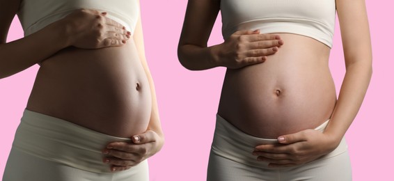 Collage with photos of pregnant woman touching her belly on pink background, closeup. Banner design