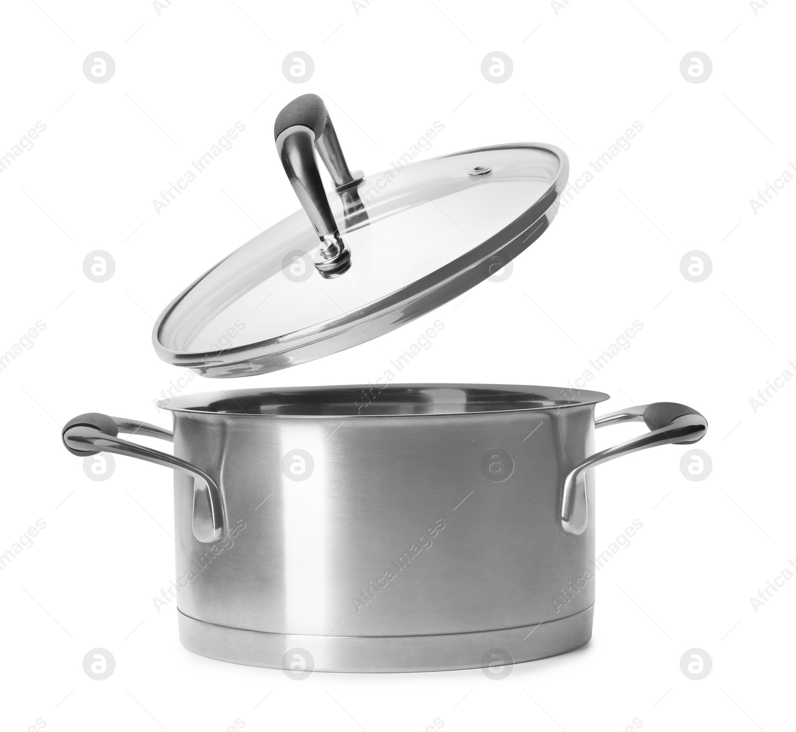 Photo of Steel pot with lid isolated on white