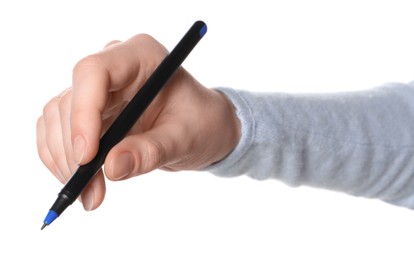 Woman holding pen on white background, closeup of hand