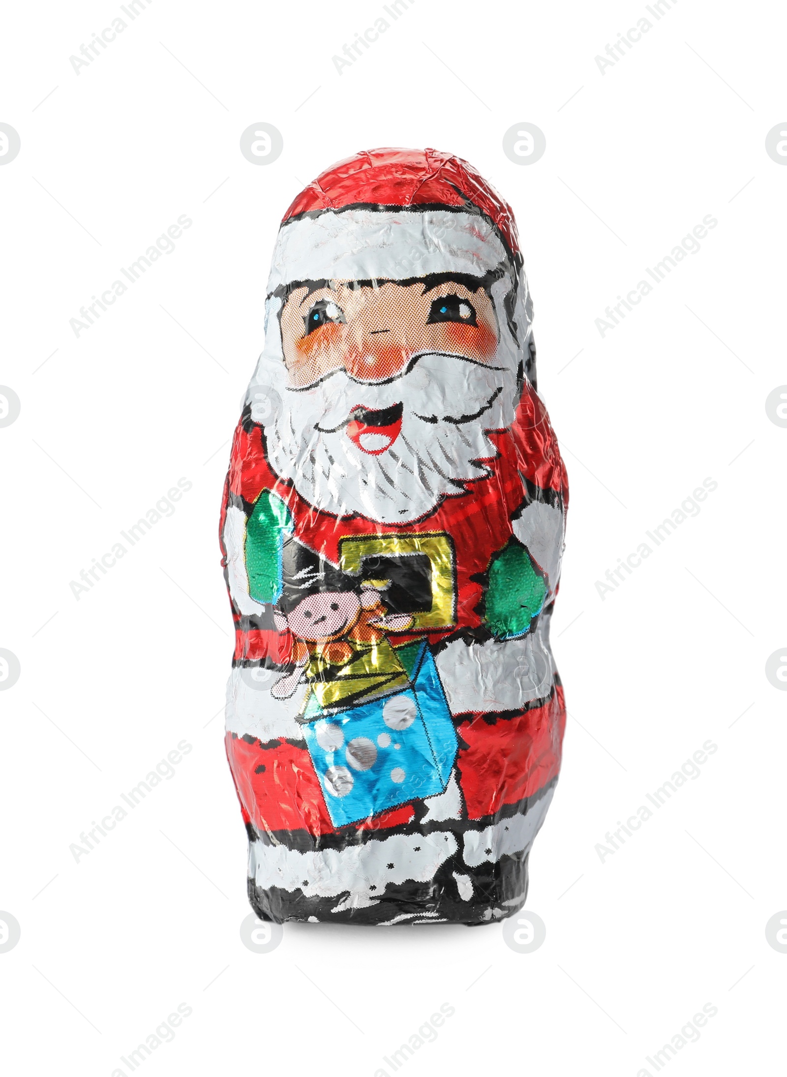 Photo of Chocolate candy in foil wrapper with Santa Claus image isolated on white