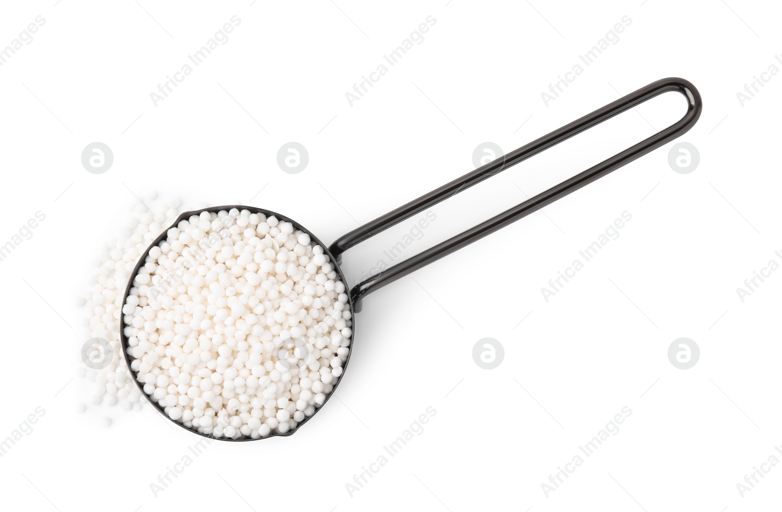 Photo of Scoop with tapioca pearls isolated on white, top view