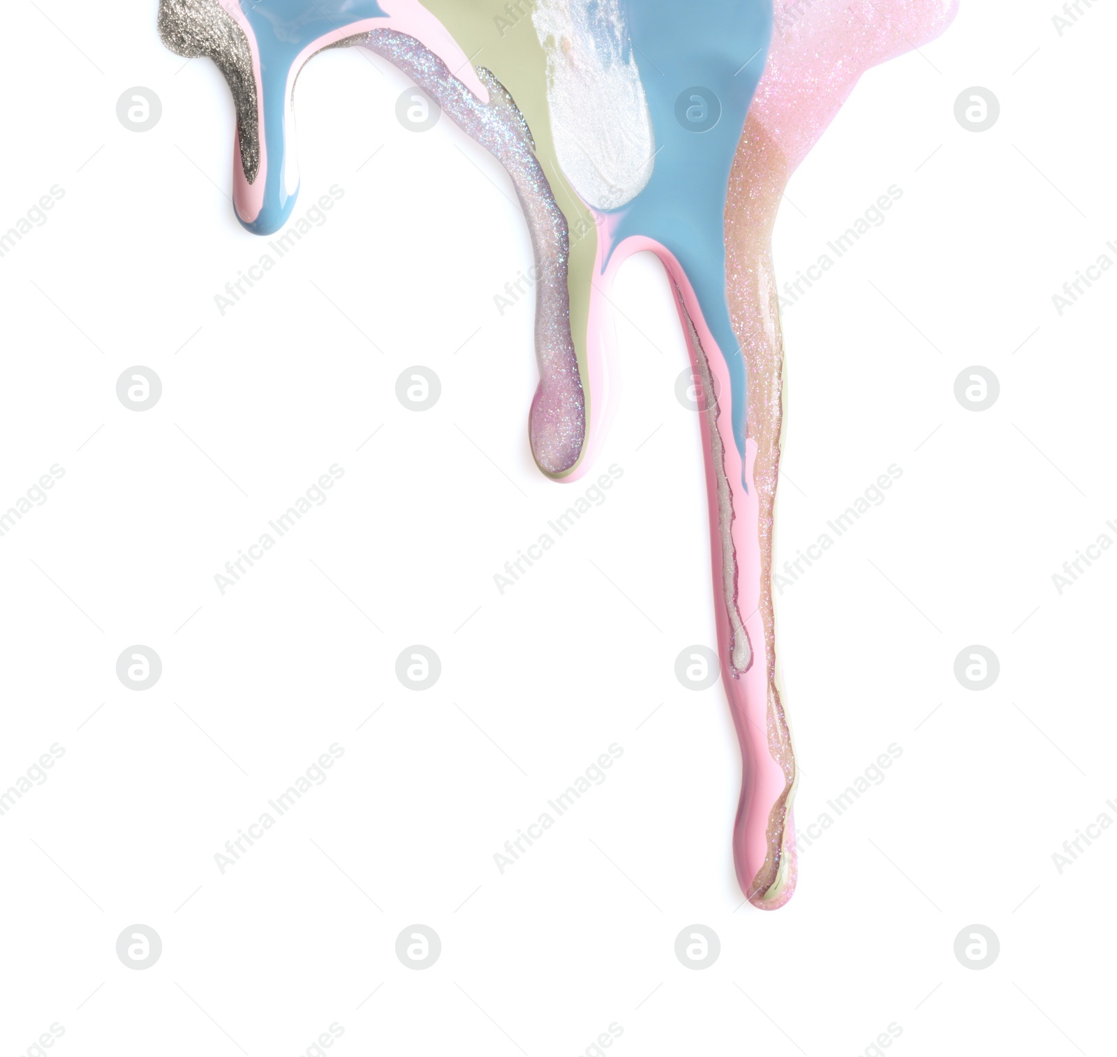 Photo of Mixed different color nail polishes flowing on white background