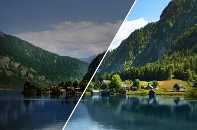 Image of Photo before and after retouch, collage. Beautiful landscape with mountains and river on sunny day