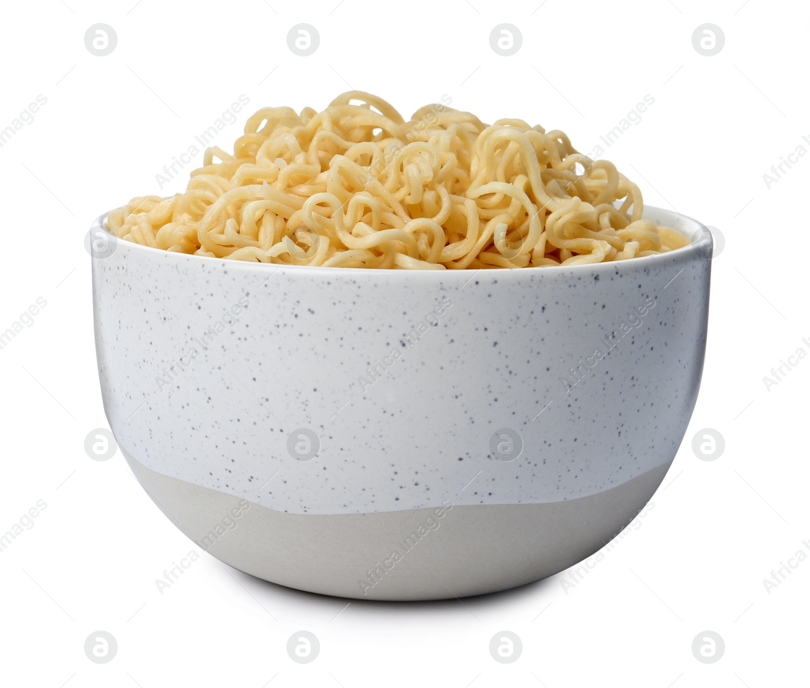 Photo of Tasty instant noodles in bowl isolated on white